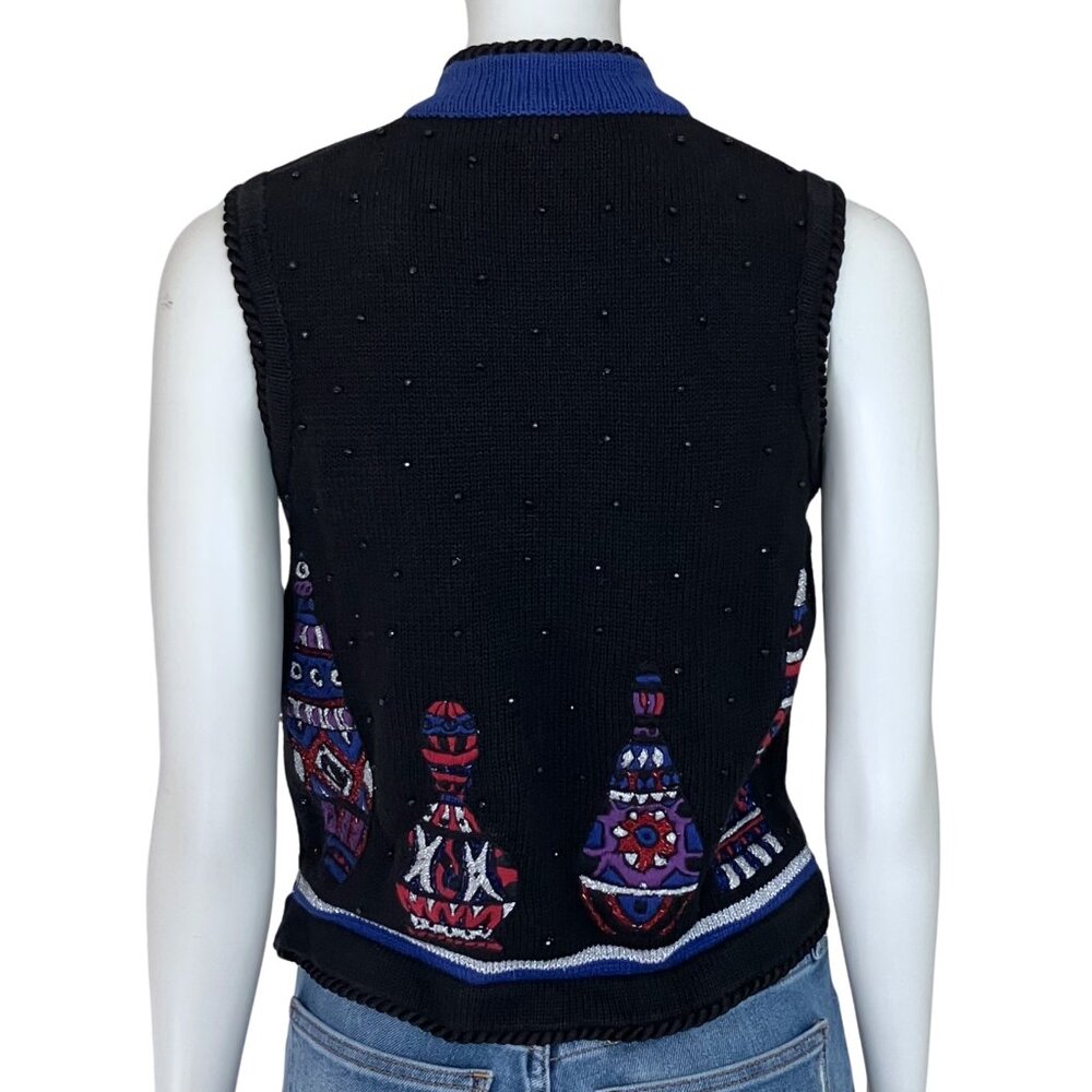 Vintage 90s Black Beaded Sweater Vest Christmas. Small. Cottagecore Embroidered - Picture 4 of 11